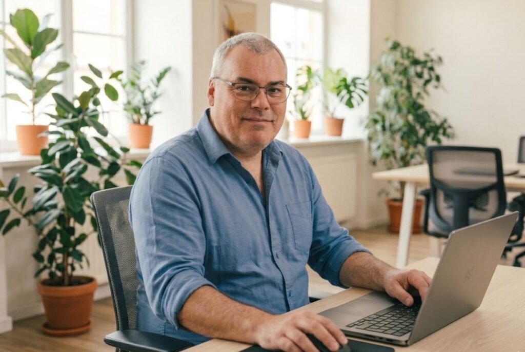 Franck Laforest, graphiste à Anglet, Bayonne et Biarritz, travaillant sur un ordinateur portable dans son bureau au Pays Basque.